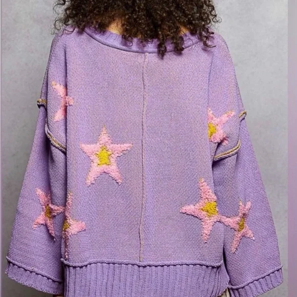 POL Lavender V-Neck Oversized Sweater with Pink Star Accents - Picture 2 of 5